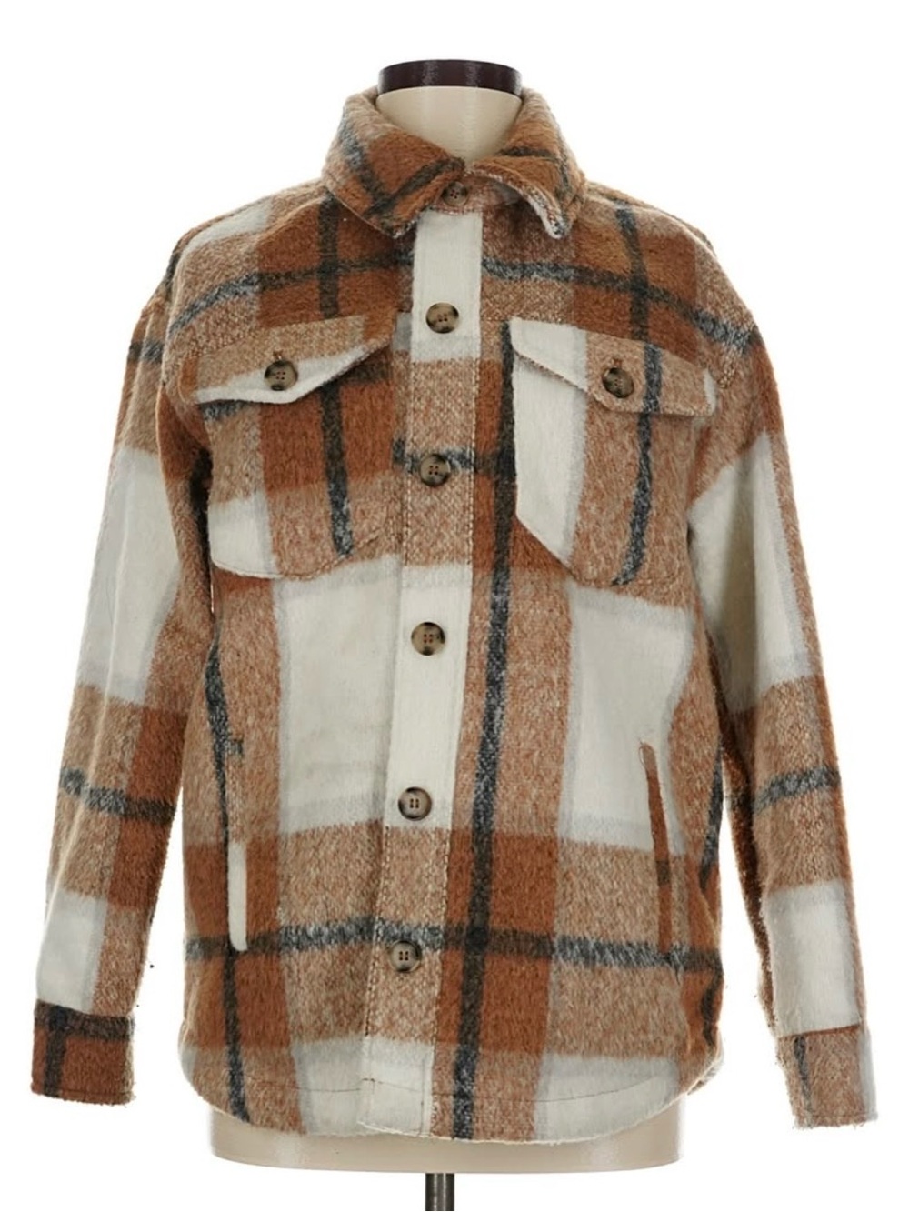 Avec Les Filles Brown and Cream Plaid Sherpa Shirt Jacket - Picture 2 of 7